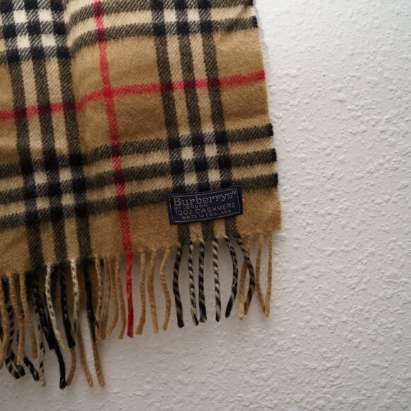 Authentic Burberry Classic Check Cashmere Fringe Scarf OS Tan/Black/Red - Picture 3 of 10